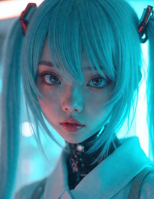 The primary subject of the image is a woman with long hair, wearing a white shirt and a black necklace. She has a blue-toned appearance, which gives her a unique and striking look. The setting is a dark room, and the visual style is a combination of photo and digital art. The colors and mood of the image are predominantly blue, creating a cool and mysterious atmosphere.